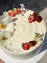 Load image into Gallery viewer, Olive oil cake with olive oil swiss meringue buttercream and raspberry jam
