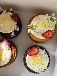 Personal name cakes with fruit n florals