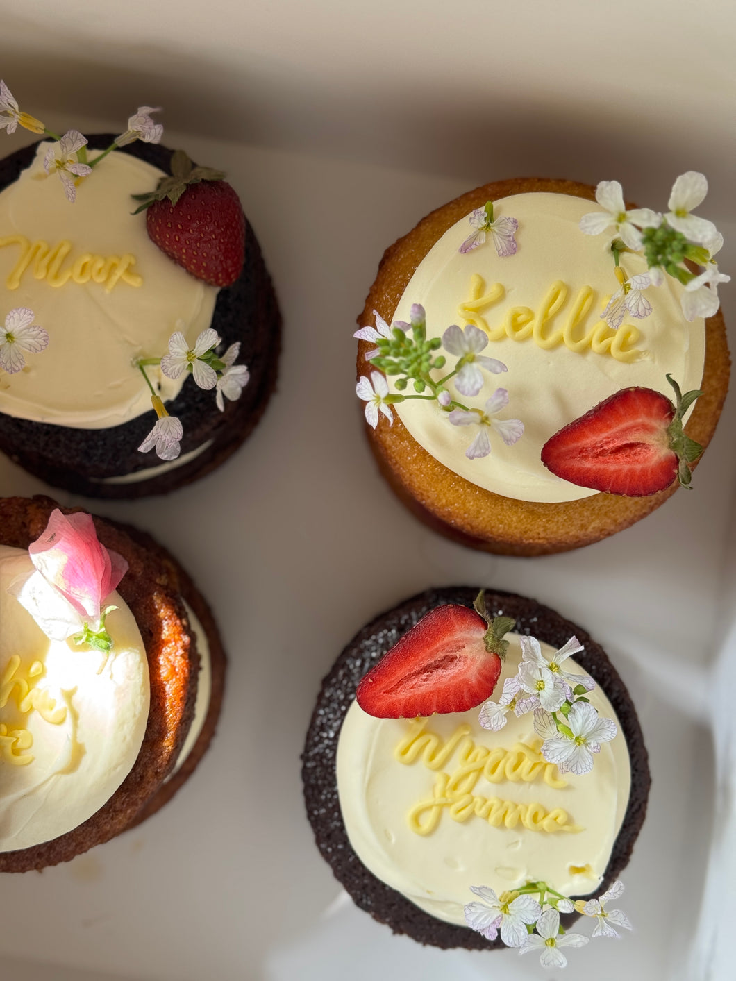 Personal name cakes with fruit n florals